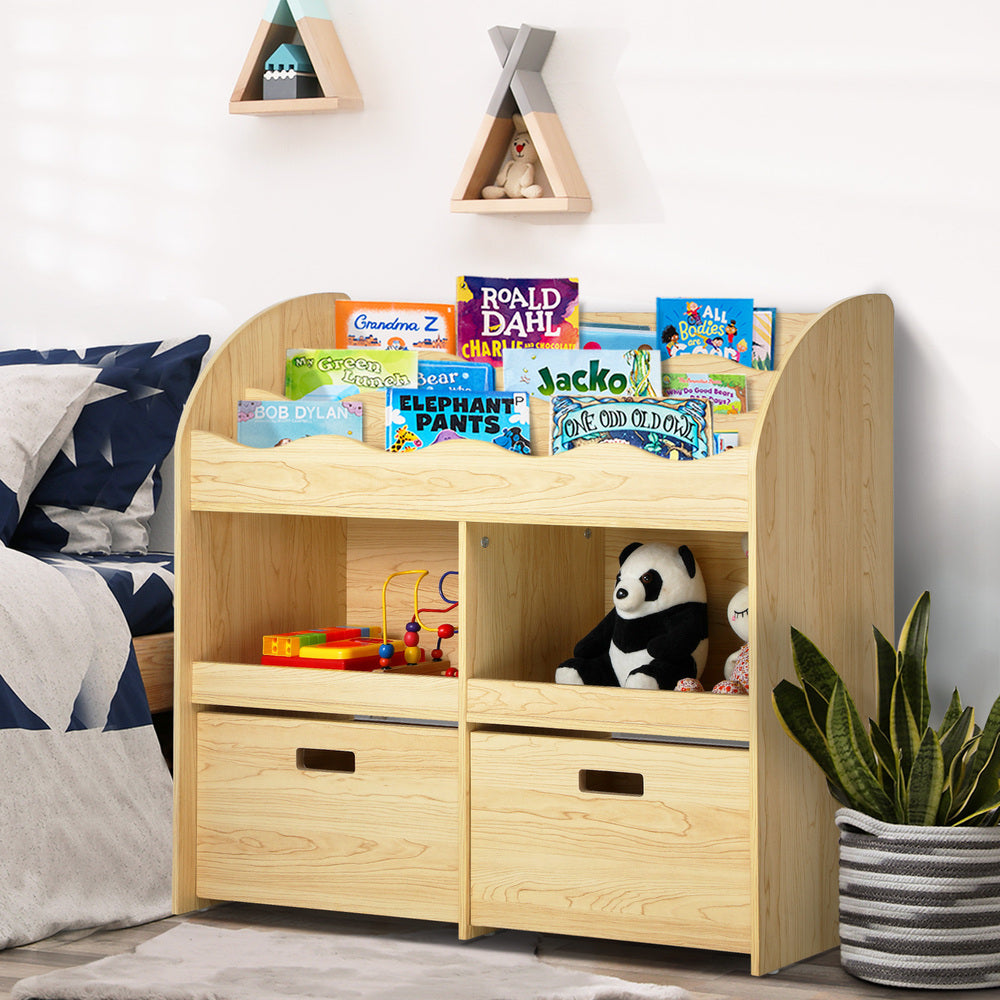 Oikiture Kids Bookshelf Toy Storage Box Organiser Display Shelf Natural