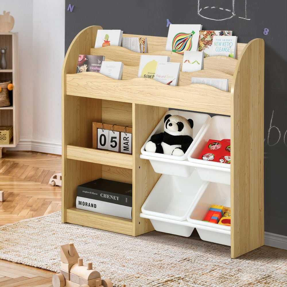 Oikiture Kids Bookshelf 4 Bins Toy Box Storage Organiser Display Shelf