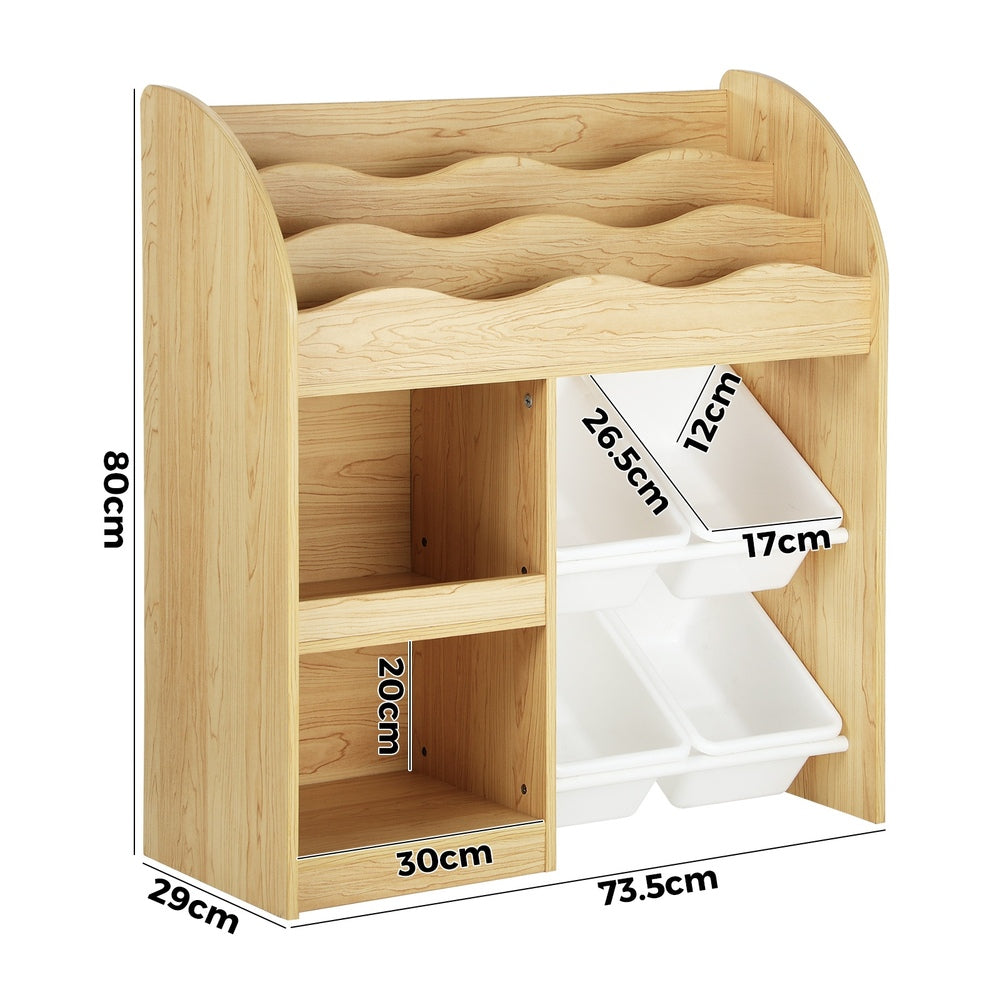 Oikiture Kids Bookshelf 4 Bins Toy Box Storage Organiser Display Shelf