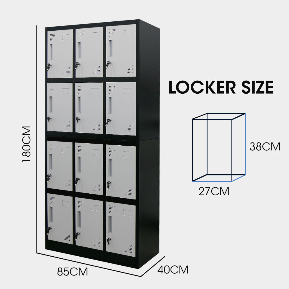 FORTIA 12-Door Metal Storage Lockers, for Gym, Office, Black and Light Grey