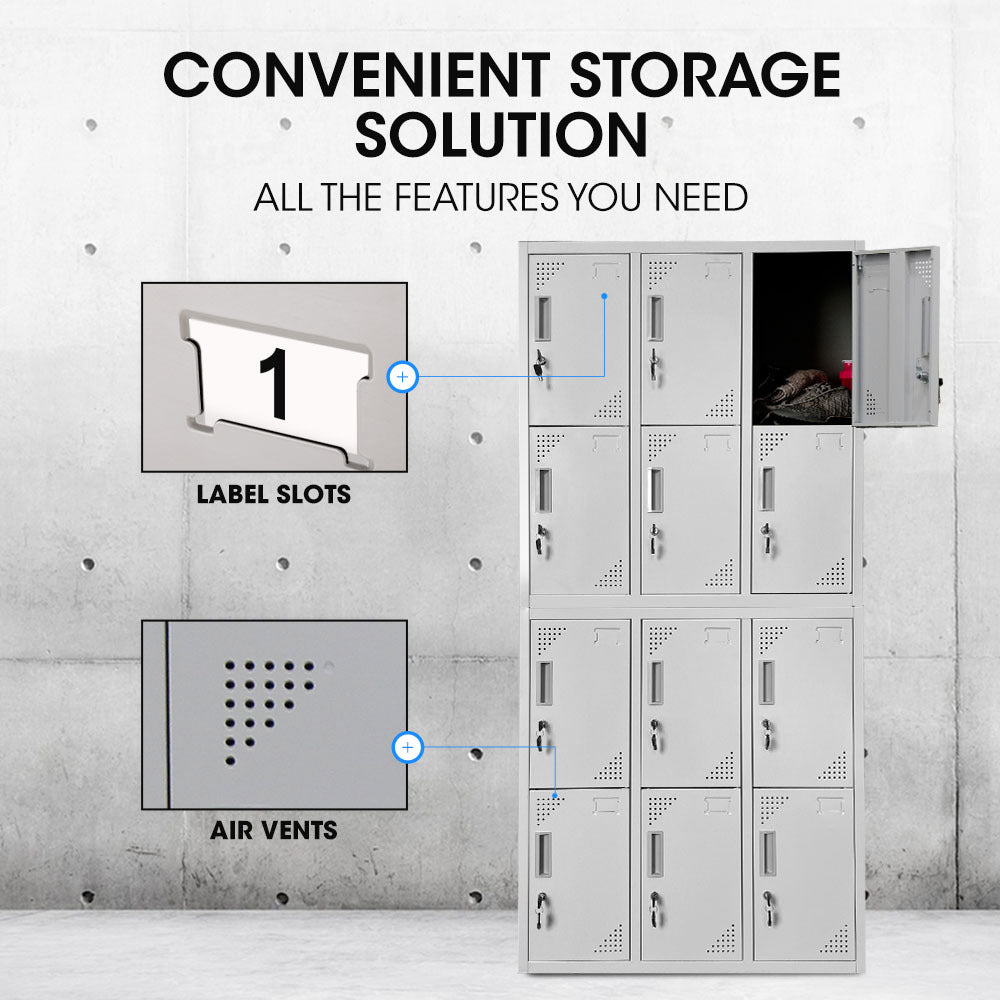 FORTIA 12-Door Metal Storage Lockers, for Gym, Office, Light Grey