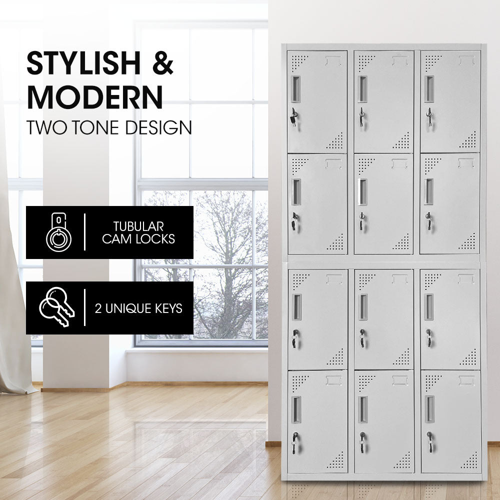 FORTIA 12-Door Metal Storage Lockers, for Gym, Office, Light Grey