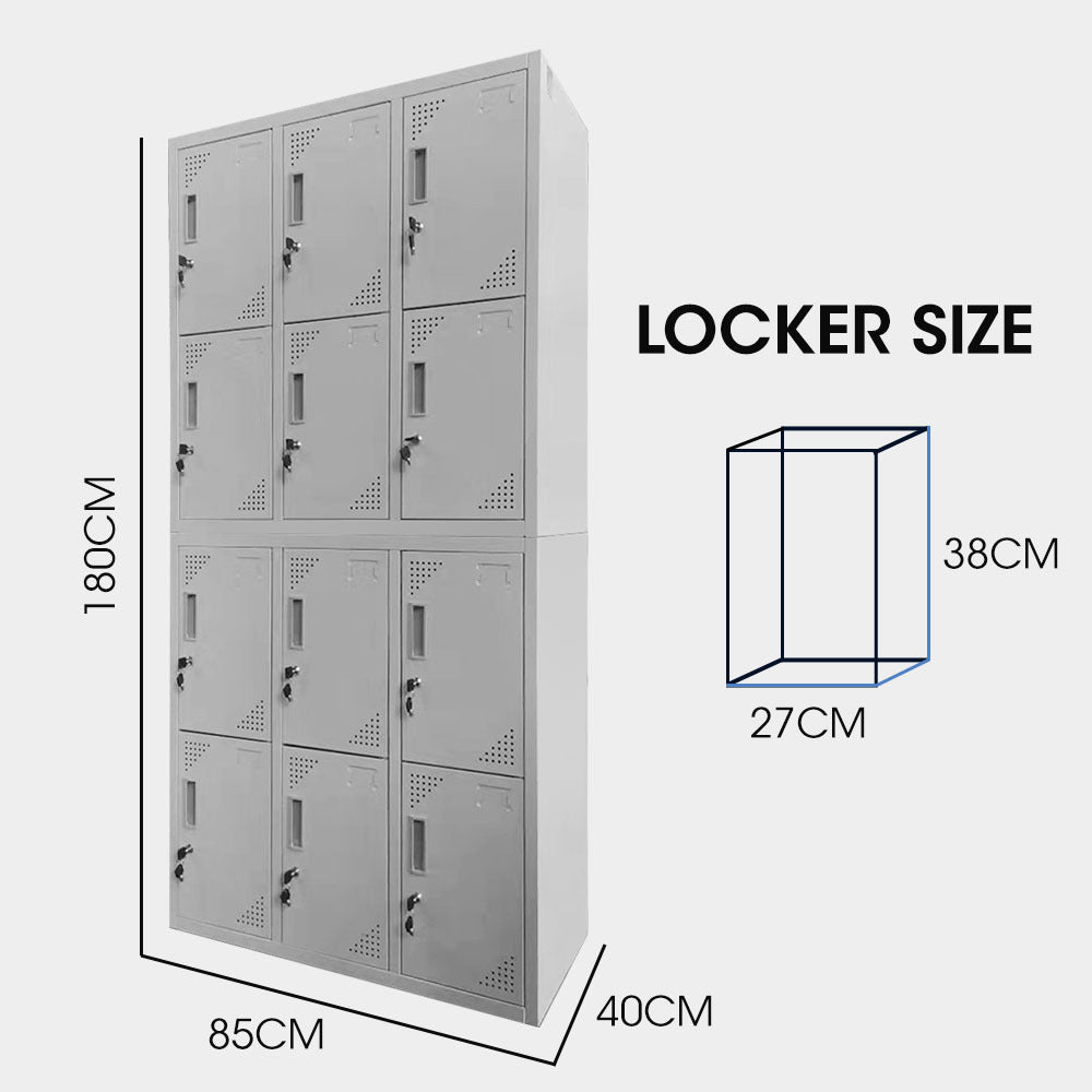 FORTIA 12-Door Metal Storage Lockers, for Gym, Office, Light Grey