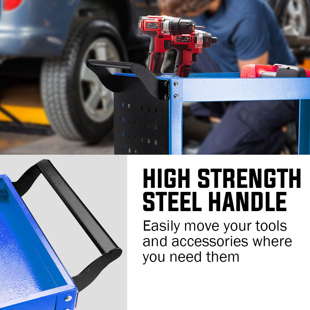 BULLET 3-Tier Steel Tool Trolley Cart, for Workshop, Mechanic, with Pegboard, Screwdriver Bay, Blue