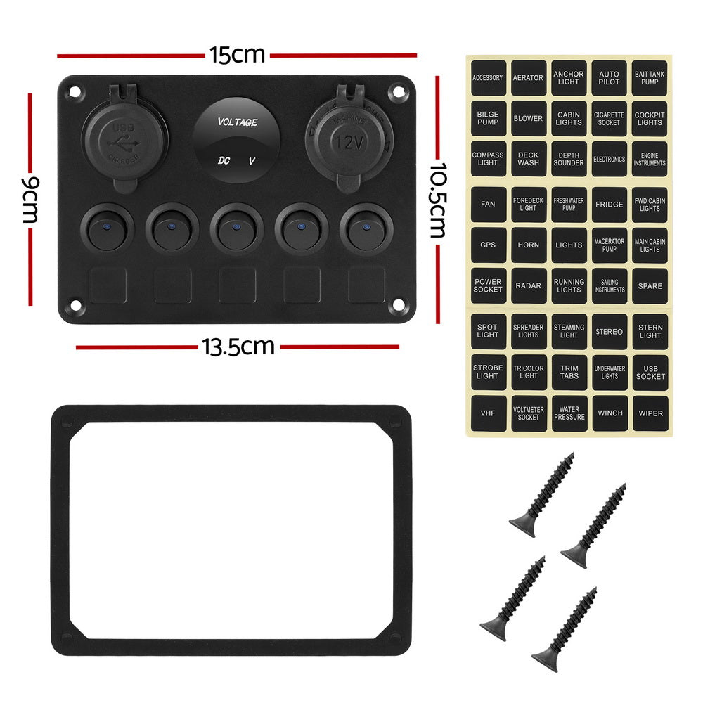 Giantz 5 Gang LED Rocker Switch Panel with Dual USB Charger for Car and Marine Use