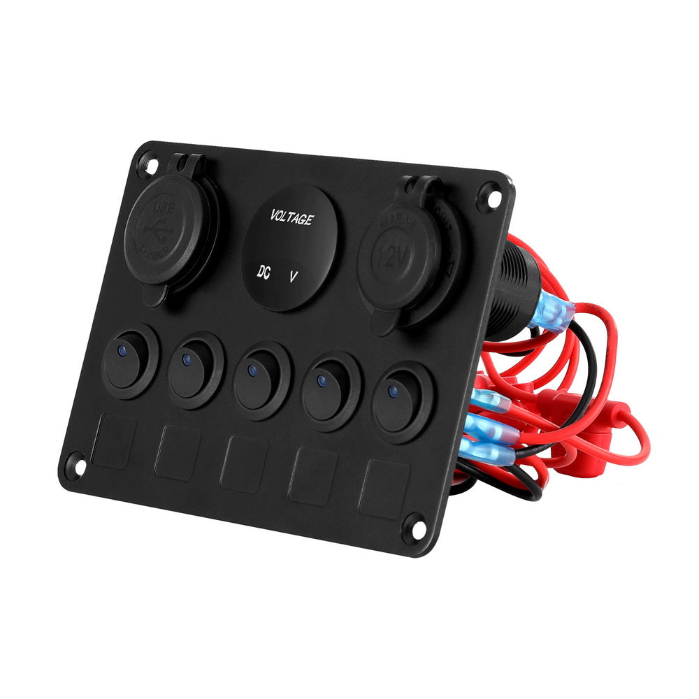 Giantz 5 Gang LED Rocker Switch Panel with Dual USB Charger for Car and Marine Use