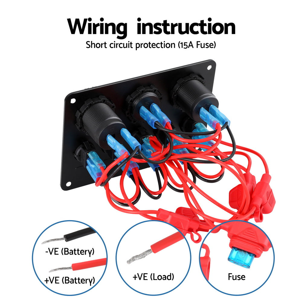 Giantz 5 Gang LED Rocker Switch Panel with Dual USB Charger for Car and Marine Use