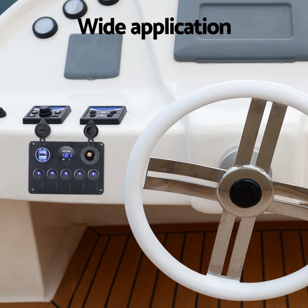 Giantz 5 Gang LED Rocker Switch Panel with Dual USB Charger for Car and Marine Use