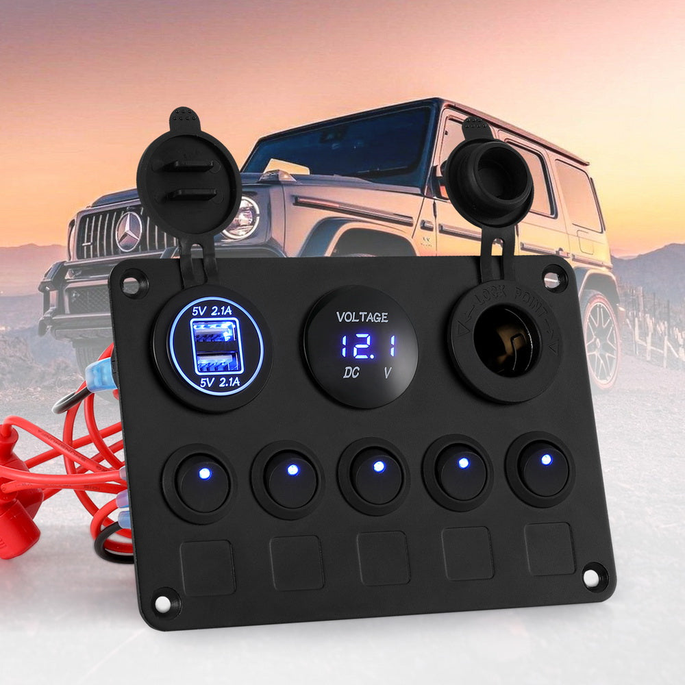 Giantz 5 Gang LED Rocker Switch Panel with Dual USB Charger for Car and Marine Use