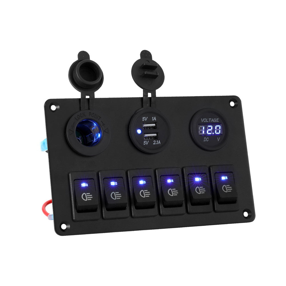 Giantz 6 Switch 12V Control Panel with Dual USB Charger for Car and Marine Use