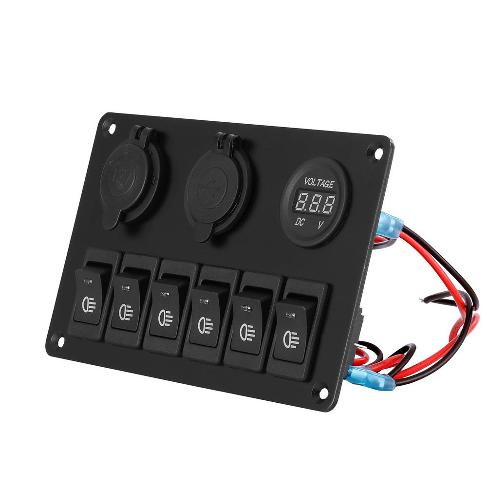Giantz 6 Switch 12V Control Panel with Dual USB Charger for Car and Marine Use