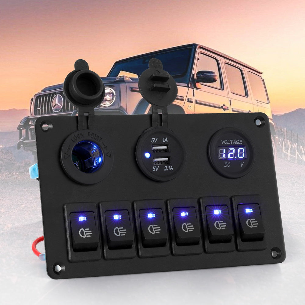 Giantz 6 Switch 12V Control Panel with Dual USB Charger for Car and Marine Use