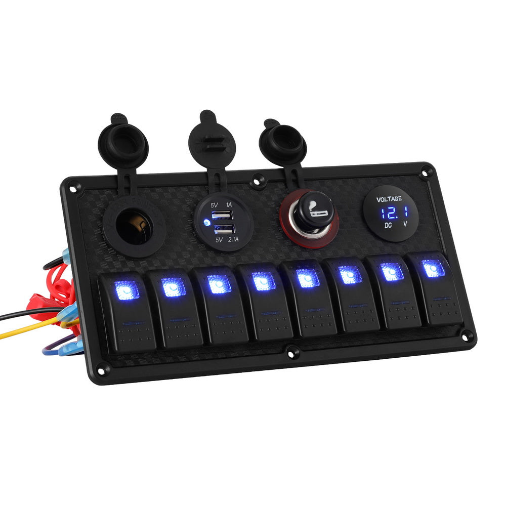 Giantz 8-Channel 12V Switch Panel with USB Charger and LED Rocker Switches for Automotive and Marine Use