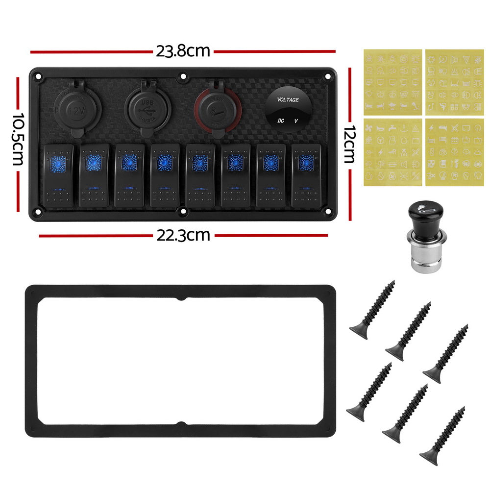 Giantz 8-Channel 12V Switch Panel with USB Charger and LED Rocker Switches for Automotive and Marine Use