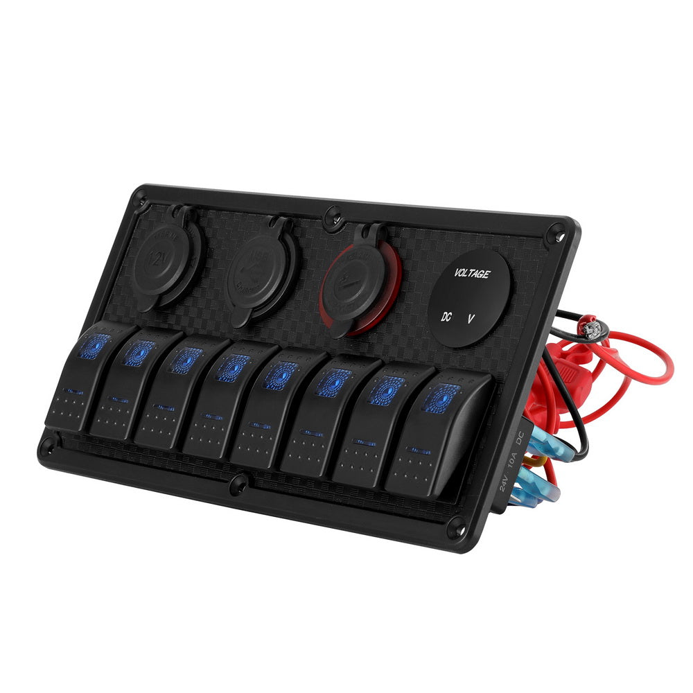 Giantz 8-Channel 12V Switch Panel with USB Charger and LED Rocker Switches for Automotive and Marine Use