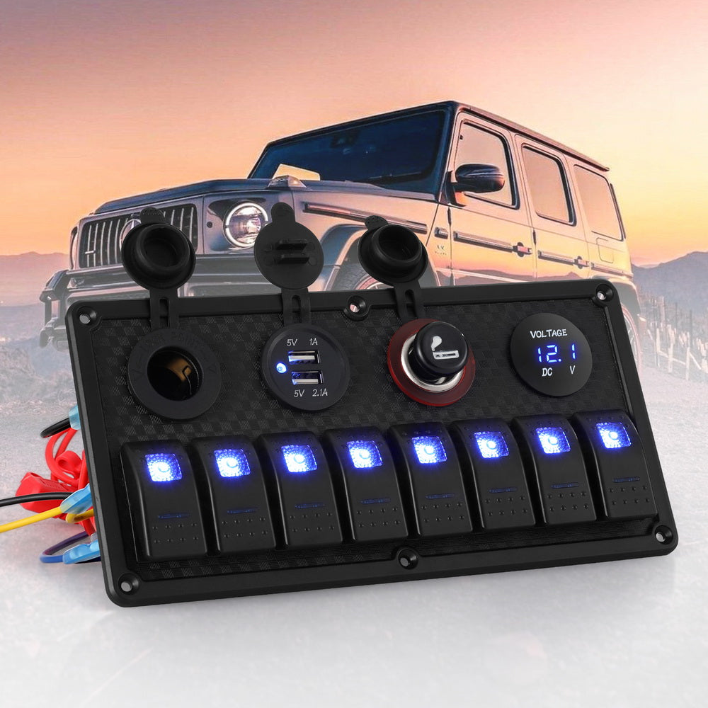 Giantz 8-Channel 12V Switch Panel with USB Charger and LED Rocker Switches for Automotive and Marine Use