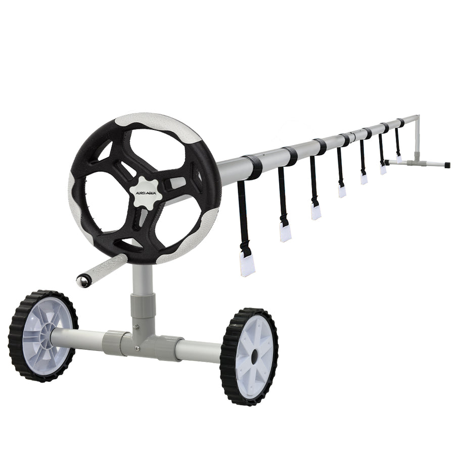 AURELAQUA Aluminium Swimming Pool Cover Roller (3.15-4.05m length), Black/Light Grey Handle