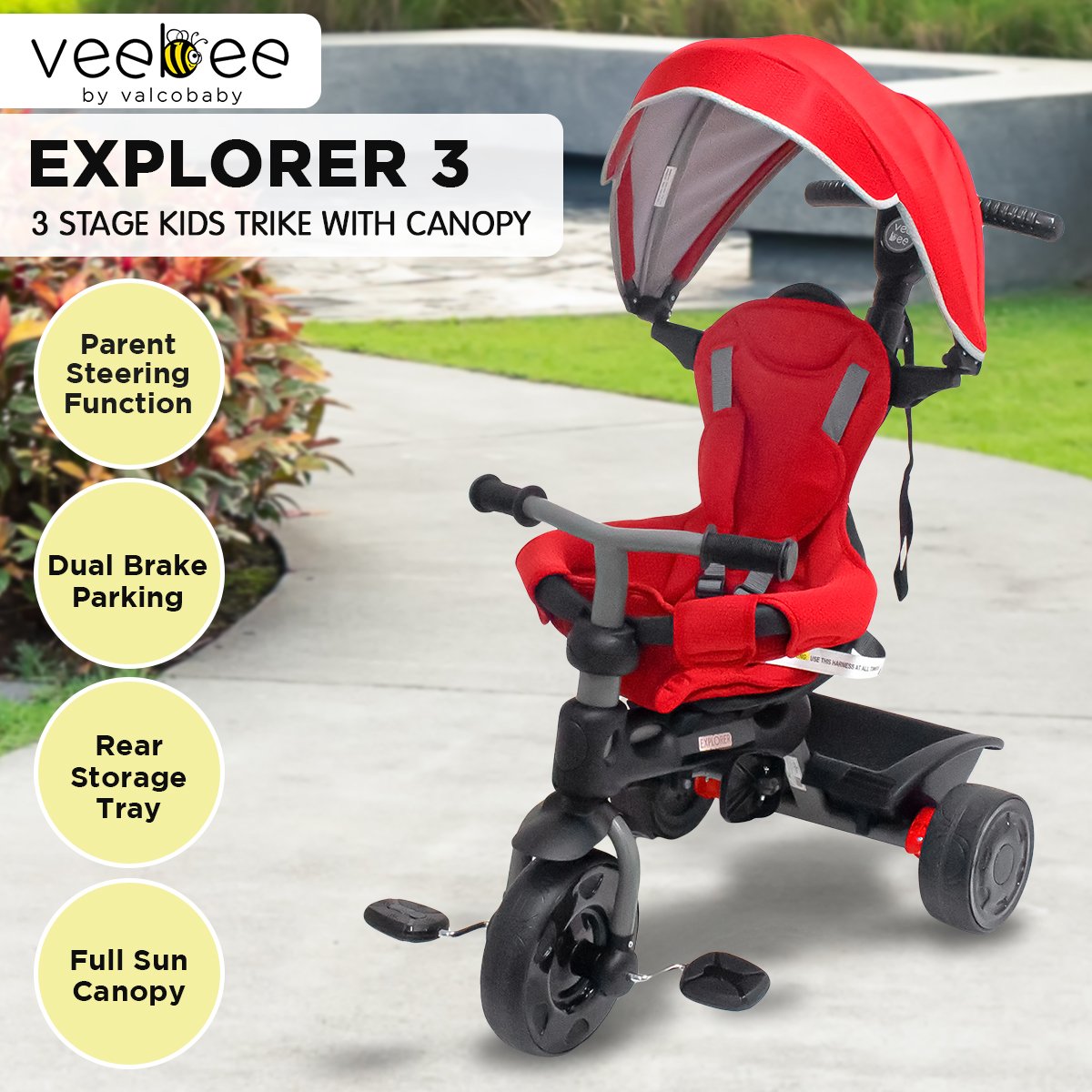 Veebee Explorer 3-Stage Kids Trike with Canopy - Red