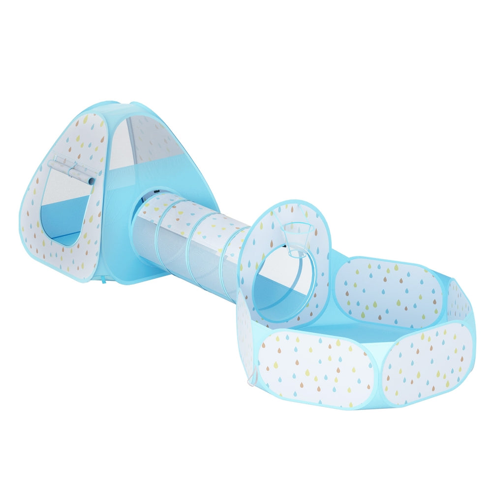 Keezi 3-in-1 Kids Play Tent with Ball Pit, Tunnel, and Basketball Hoop - Blue