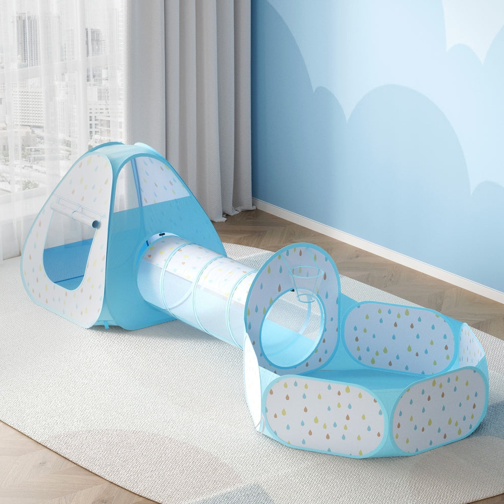 Keezi 3-in-1 Kids Play Tent with Ball Pit, Tunnel, and Basketball Hoop - Blue