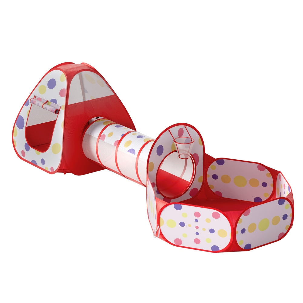 Keezi 3-in-1 Kids Playhouse Tent with Ball Pit, Crawl Tunnel, and Basketball Hoop - Red