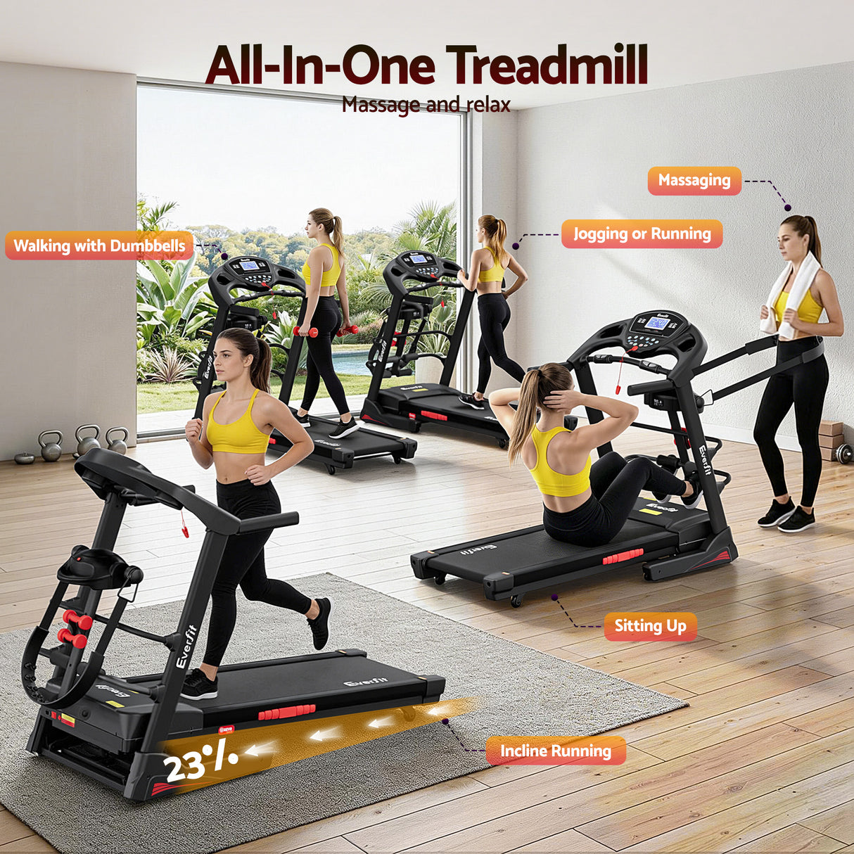 Everfit Treadmill Electric Home Gym Fitness Exercise Machine w/ Massager 480mm