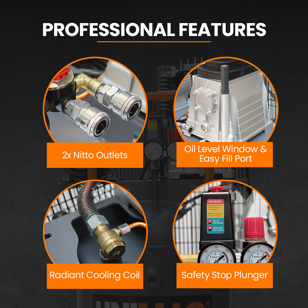 Unimac 100L 2.6kW Industrial Air Compressor, 370L/min 116PSI, Brushless Motor, Long Service Life, Certified Vertical Tank, 15A Plug