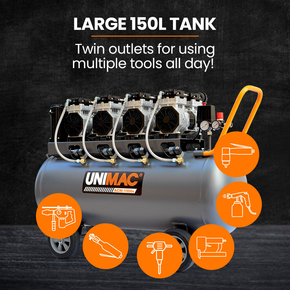 Unimac 150L 4.5HP Ultra-Slient Oil-Free Electric Air Compressor, Long Life Quad Motor, 116PSI Portab
