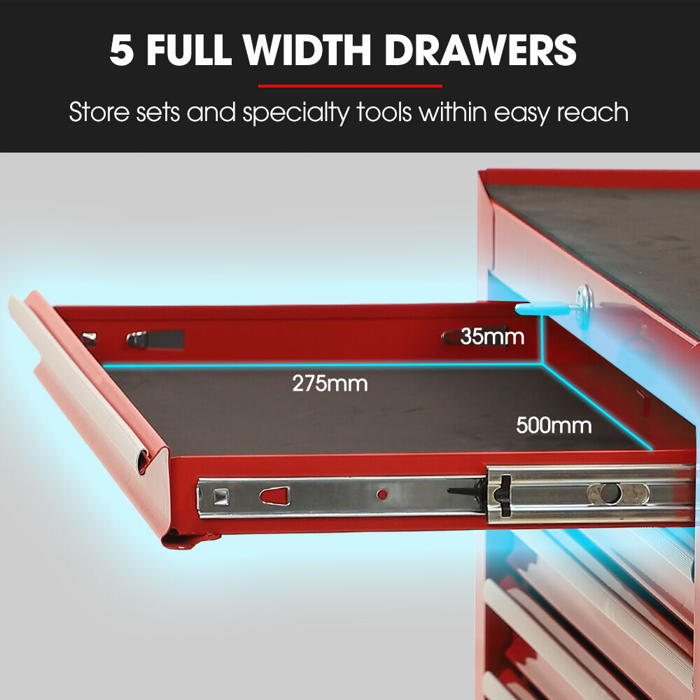 BULLET Pro 7 Drawer Tool Box Cabinet Trolley Storage, Toolbox Garage Organiser Set, Red