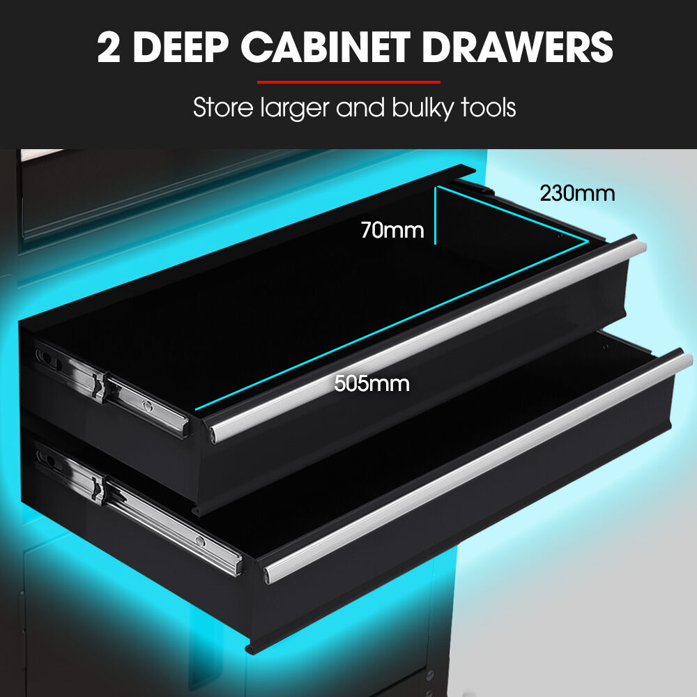BULLET Pro 8 Drawer Tool Box Chest Cabinet Storage, with 2-Door Toolbox Garage Organiser Set, Black