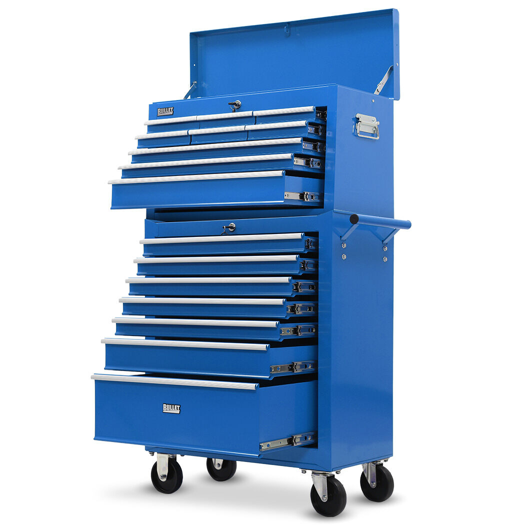Bullet 16 Drawer Tool Box Cabinet Chest Storage, Toolbox Garage Organiser Set, Blue