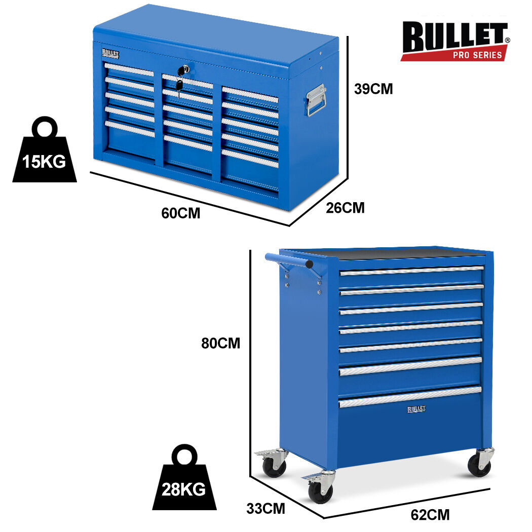 Bullet 16 Drawer Tool Box Cabinet Chest Storage, Toolbox Garage Organiser Set, Blue