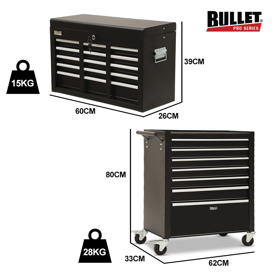 BULLET Pro 16 Drawer Tool Box Cabinet Chest Storage, Toolbox Garage Organiser Set, Black