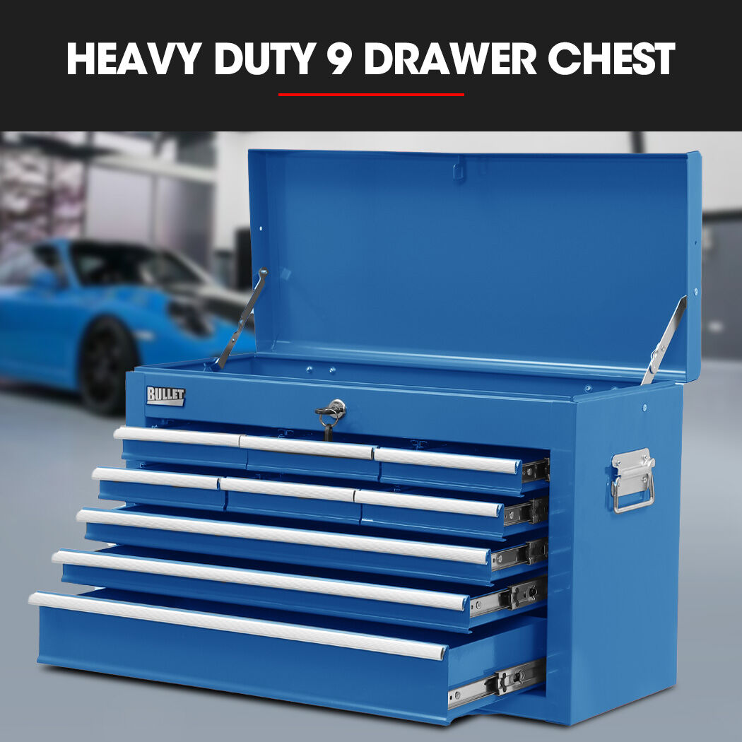 BULLET 9 Drawer Tool Box Chest, Organiser Mechanic Garage Storage Toolbox Set - Blue