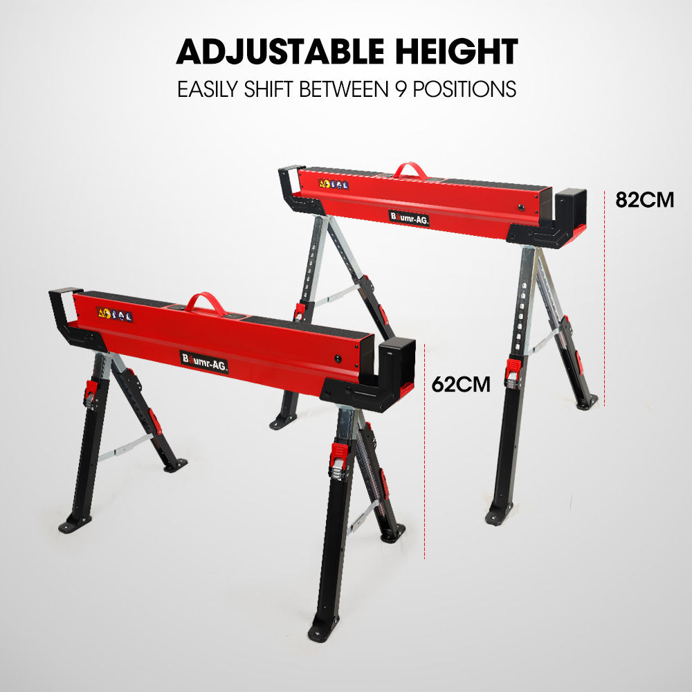 Baumr-AG 2 x Steel Sawhorses, Height Adjustable, 1180kg Capacity, 2x4 Support Arms