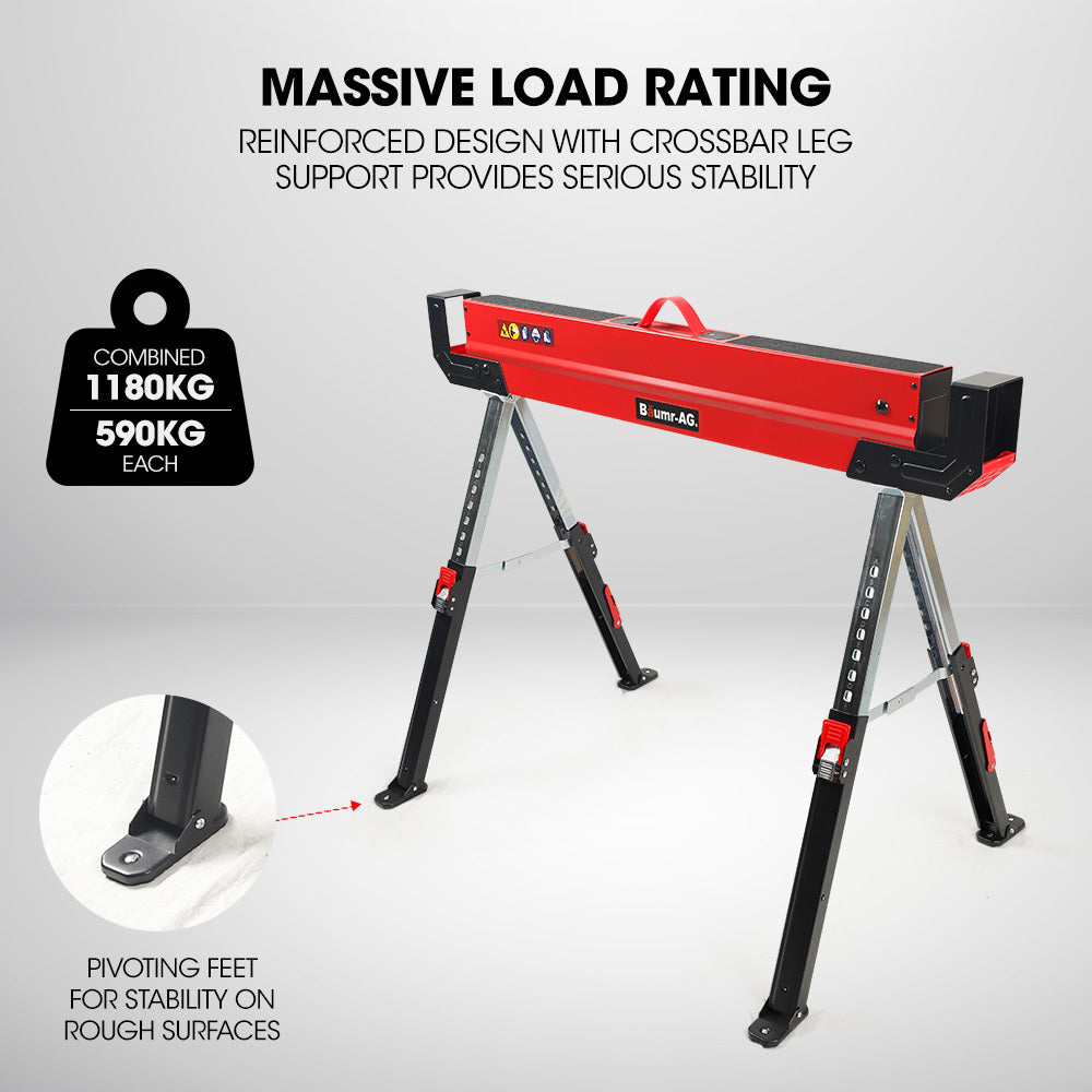 Baumr-AG 2 x Steel Sawhorses, Height Adjustable, 1180kg Capacity, 2x4 Support Arms