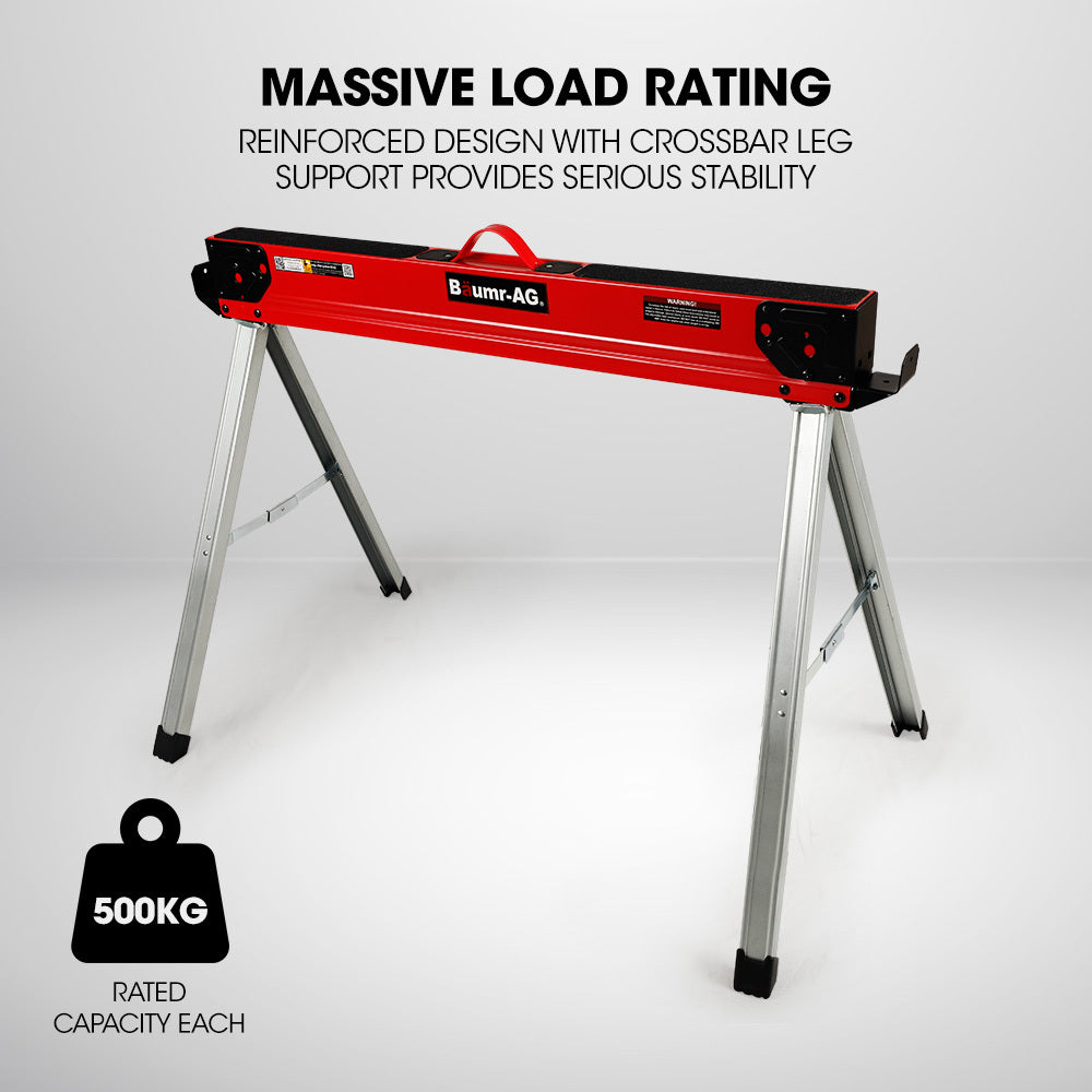 Baumr-AG 2 x Steel Sawhorses, 1000kg Capacity, Folding, 2x4 Support Arms
