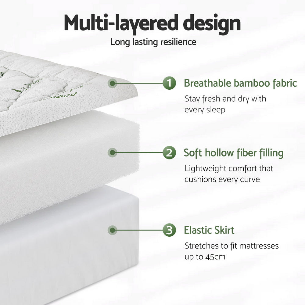Giselle Bedding 5cm Pillowtop Mattress Topper 1000GSM Thick Soft Bamboo Cooling Pad for Back Pain Relief & Guest Bed, Washable Overfilled Cover with 45cm Deep Pocket Queen