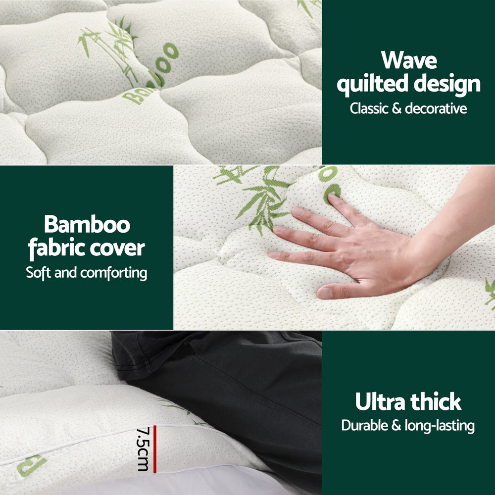 Giselle Bedding Pillowtop Mattress Topper 7.5cm Thick Bamboo Pad for Back Pain Relief Washable Skin-friendly Bed Protector with 45cm Deep Pocket King Single