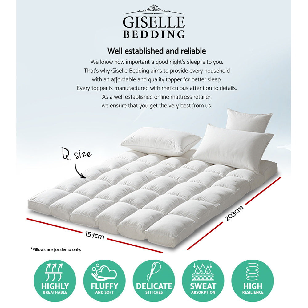 Giselle Bedding Pillowtop Mattress Topper 5cm Thick Pad for Back Pain Relief Washable Underlay Protector 1000GSM Microfibre Filling 45cm Deep Pocket Queen