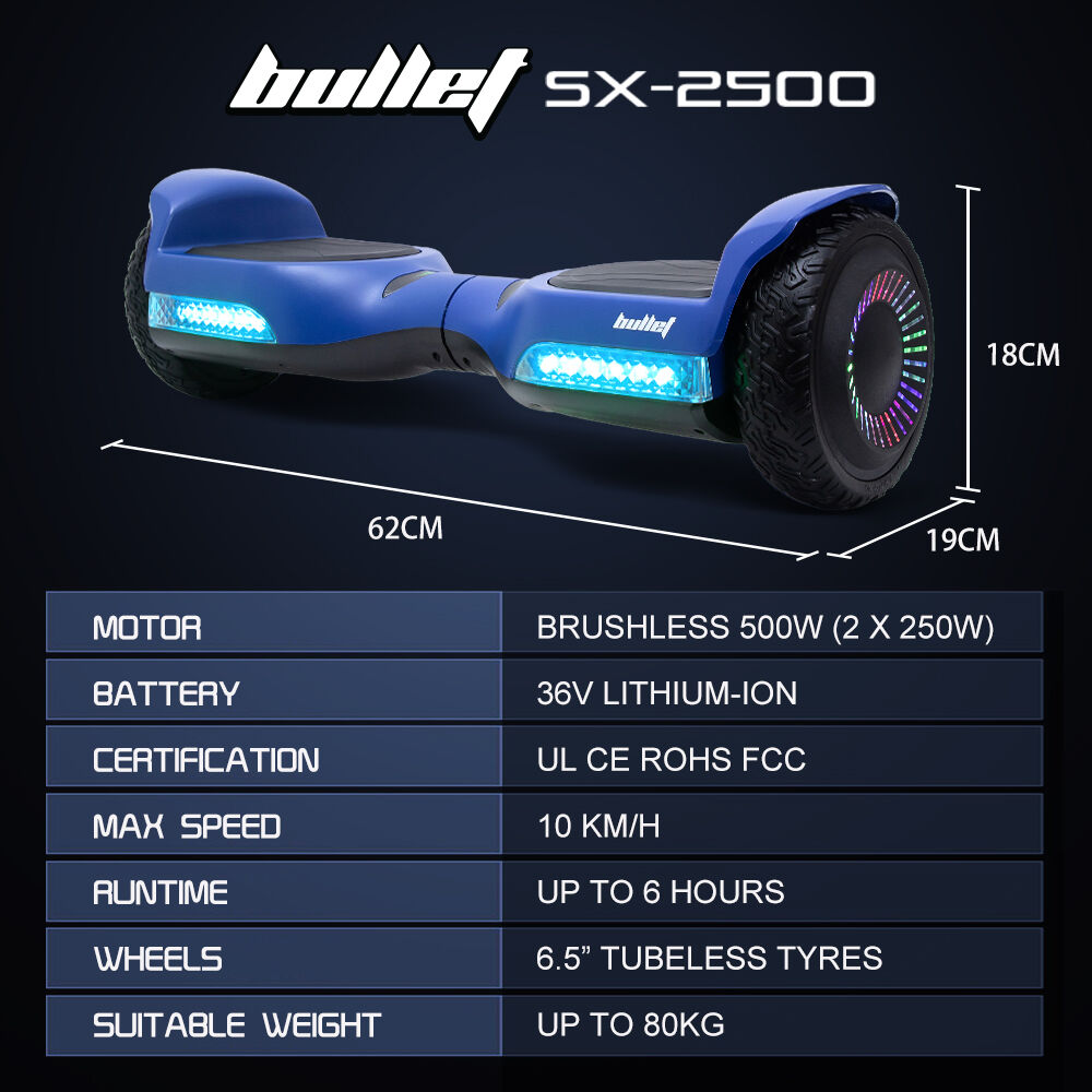 BULLET SX-2500 Hoverboard Scooter, 500W Brushless, UL Certified, AU Compliant, 6.5-inch Off-Road Style Tyres, Superior Self Balancing System, LED