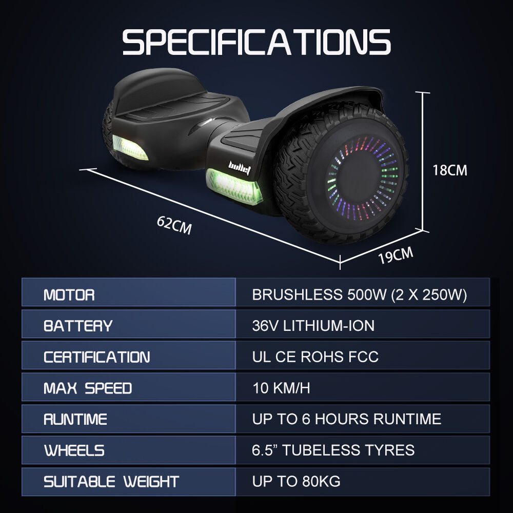 BULLET SX-2500 Hoverboard Scooter, 500W Brushless, UL Certified, AU Compliant, 6.5-inch Off-Road Style Tyres, Superior Self Balancing System, LED Lights, Black