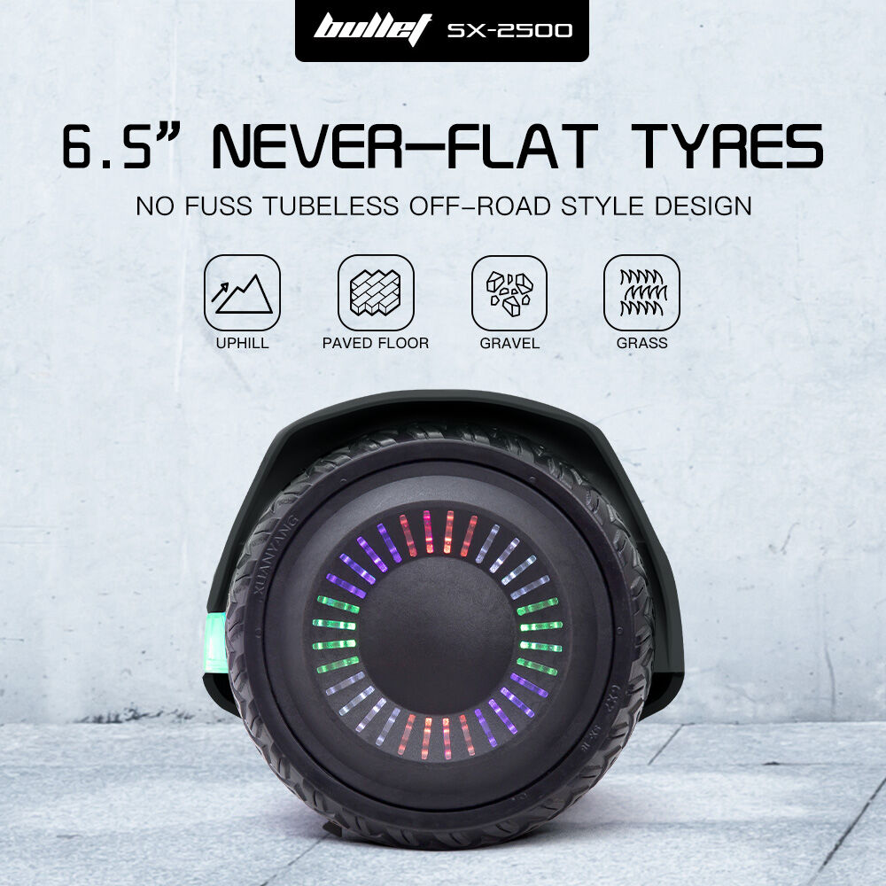 BULLET SX-2500 Hoverboard Scooter, 500W Brushless, UL Certified, AU Compliant, 6.5-inch Off-Road Style Tyres, Superior Self Balancing System, LED Lights, Black