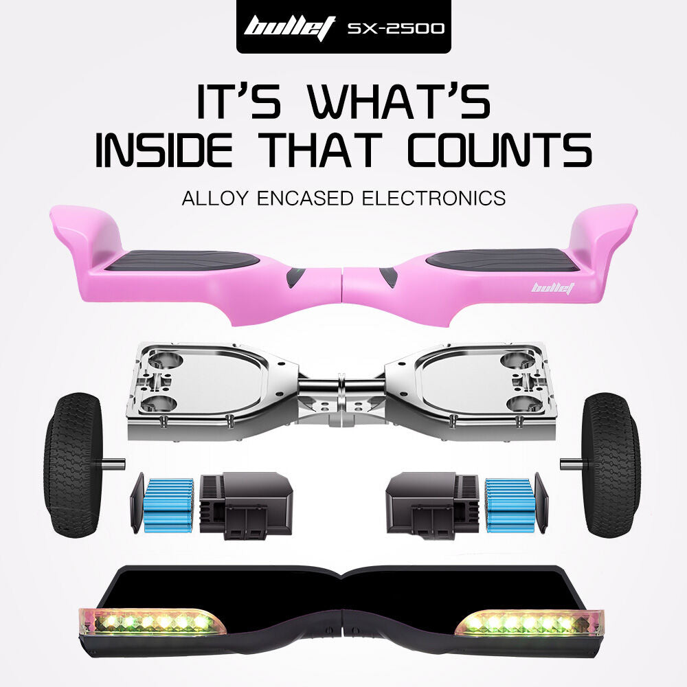 BULLET SX-2500 Hoverboard Scooter, 500W Brushless, UL Certified, AU Compliant, 6.5-inch Off-Road Style Tyres, Superior Self Balancing System, LED Lights, Pink