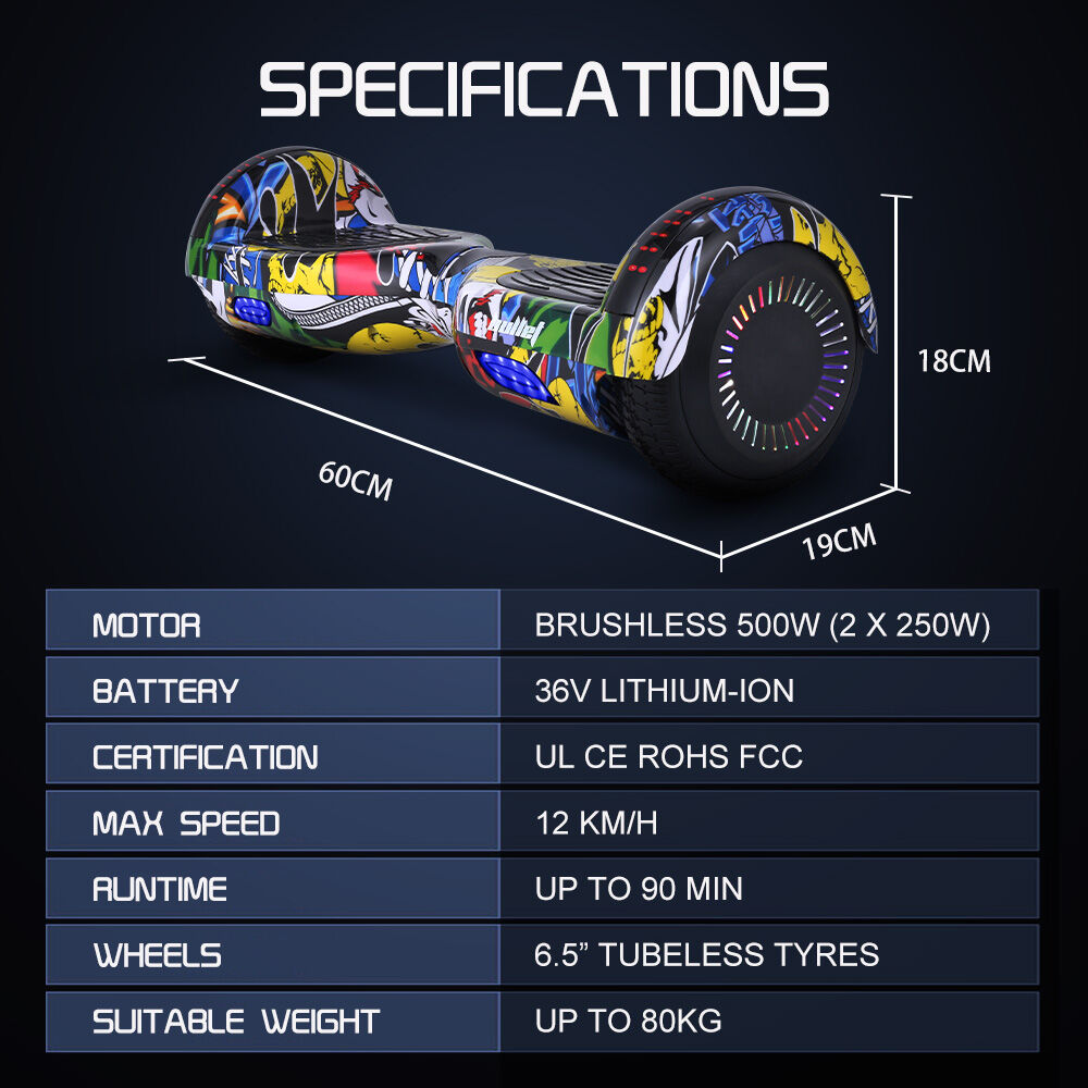 BULLET SX-2000 Hoverboard Scooter, 500W Brushless, UL Certified, AU Compliant, Superior Self Balancing System, LED Lights, Hip Hop Design
