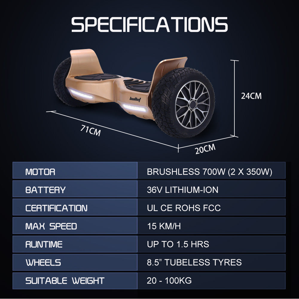 BULLET SX-4000 Hoverboard Scooter, 700W Brushless, UL Certified, AU Compliant, 8.5' Wheels, Superior Self Balancing System, LED Lights, Carry Bag, Bronze