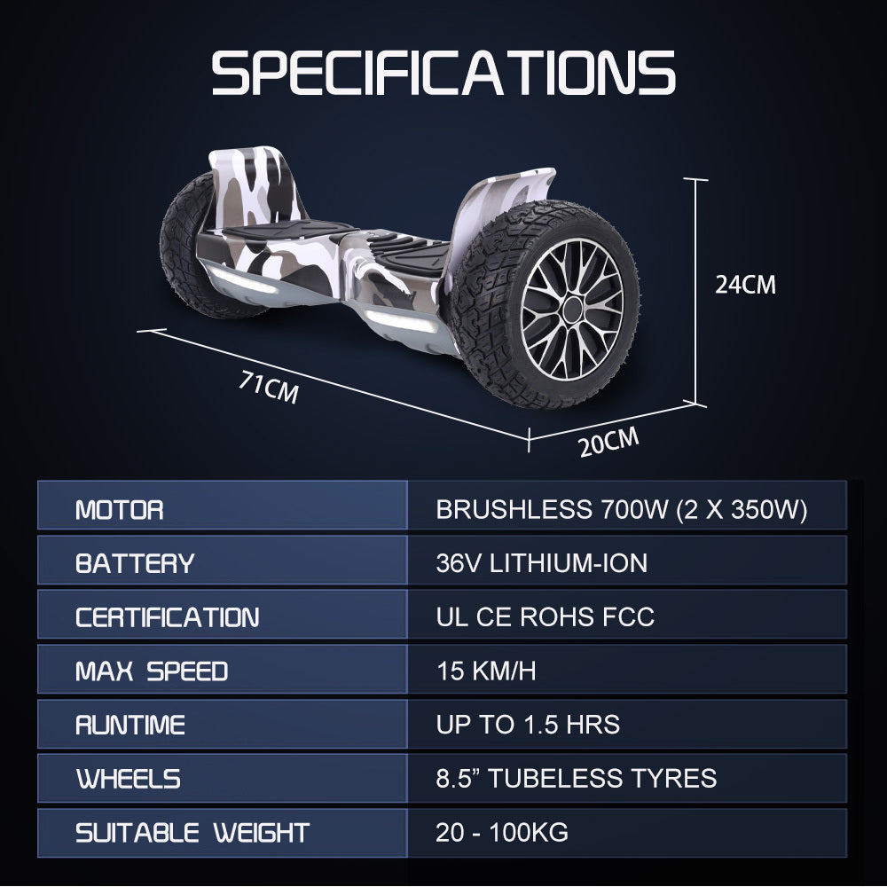 BULLET SX-4000 Hoverboard Scooter, 700W Brushless, UL Certified, AU Compliant, 8.5' Wheels, Superior Self Balancing System, LED Lights, Carry Bag, Camo