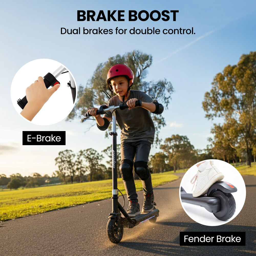 ALPHA Edge Electric Scooter Kids/Teens, 16km/h Max, Adjustable Height, UL Certified, AU Compliant, Dual Brakes, Bluetooth Music, LED, Black