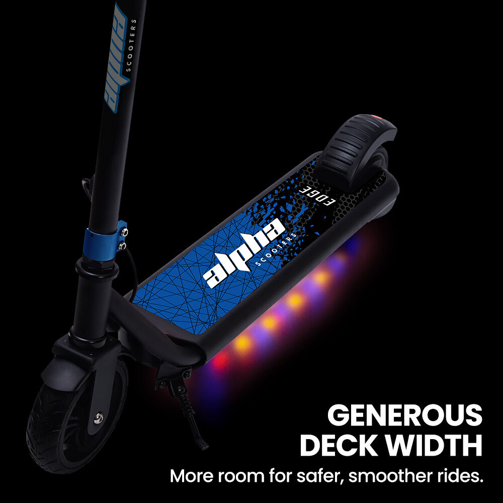 ALPHA Edge Electric Scooter Kids/Teens, 16km/h Max, Adjustable Height, UL Certified, AU Compliant, Dual Brakes, Bluetooth Music, LED, Blue