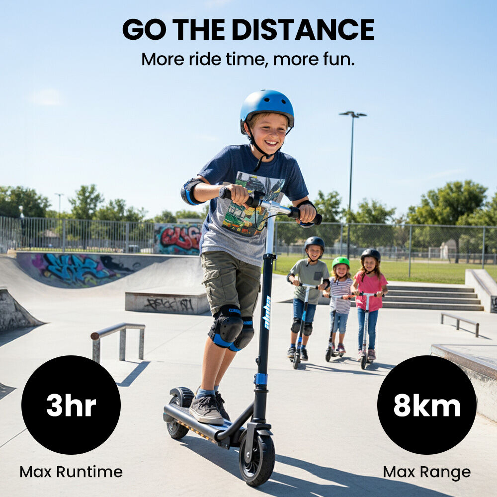 ALPHA Edge Electric Scooter Kids/Teens, 16km/h Max, Adjustable Height, UL Certified, AU Compliant, Dual Brakes, Bluetooth Music, LED, Blue
